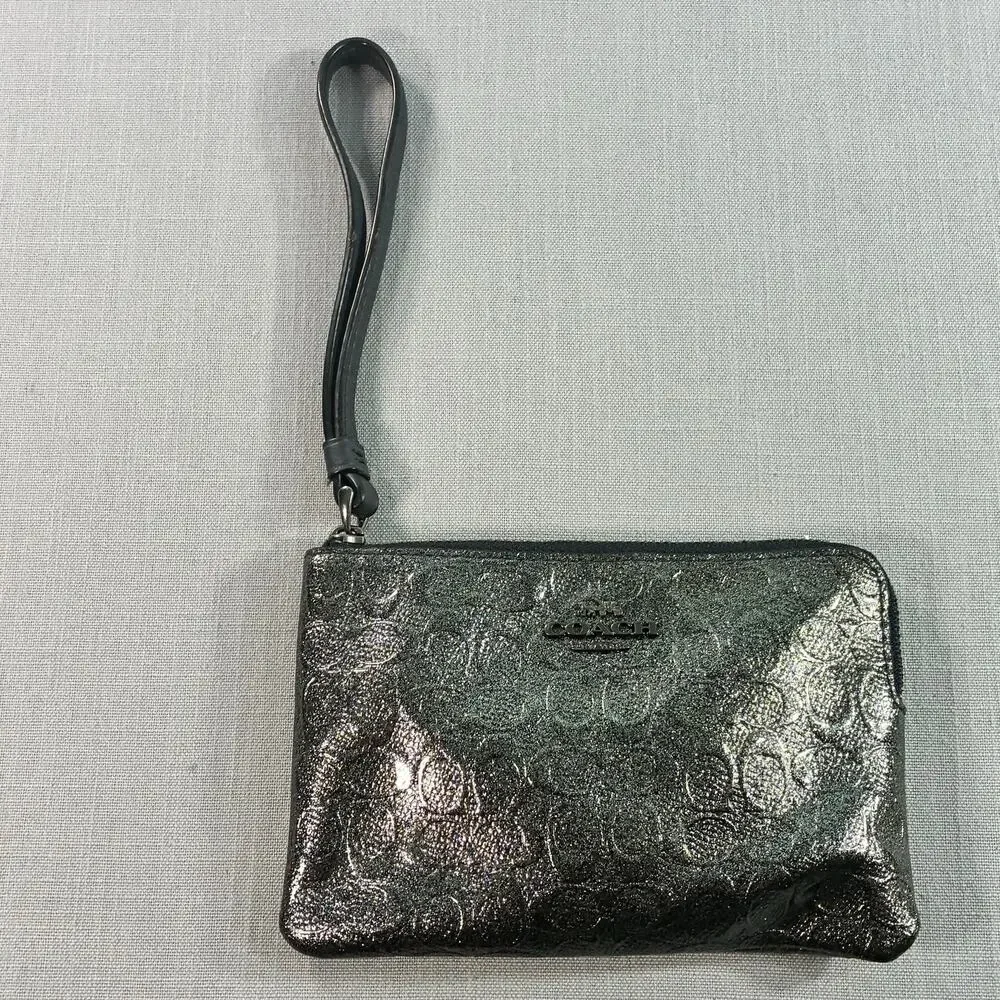 Coach Metallic Signature Embossed Leather Wristlet Black Gunmetal Zip Pouch